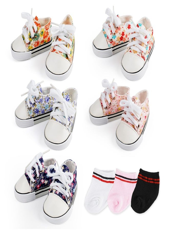 BABESIDE 18 Inch Baby Doll Shoes Sets with Socks for Dolls, 5 Pairs of Dolls Canvas Shoes with 3 Pair of Socks for 18 Inch Baby Doll Accessories, Floral Patterns - Image 1